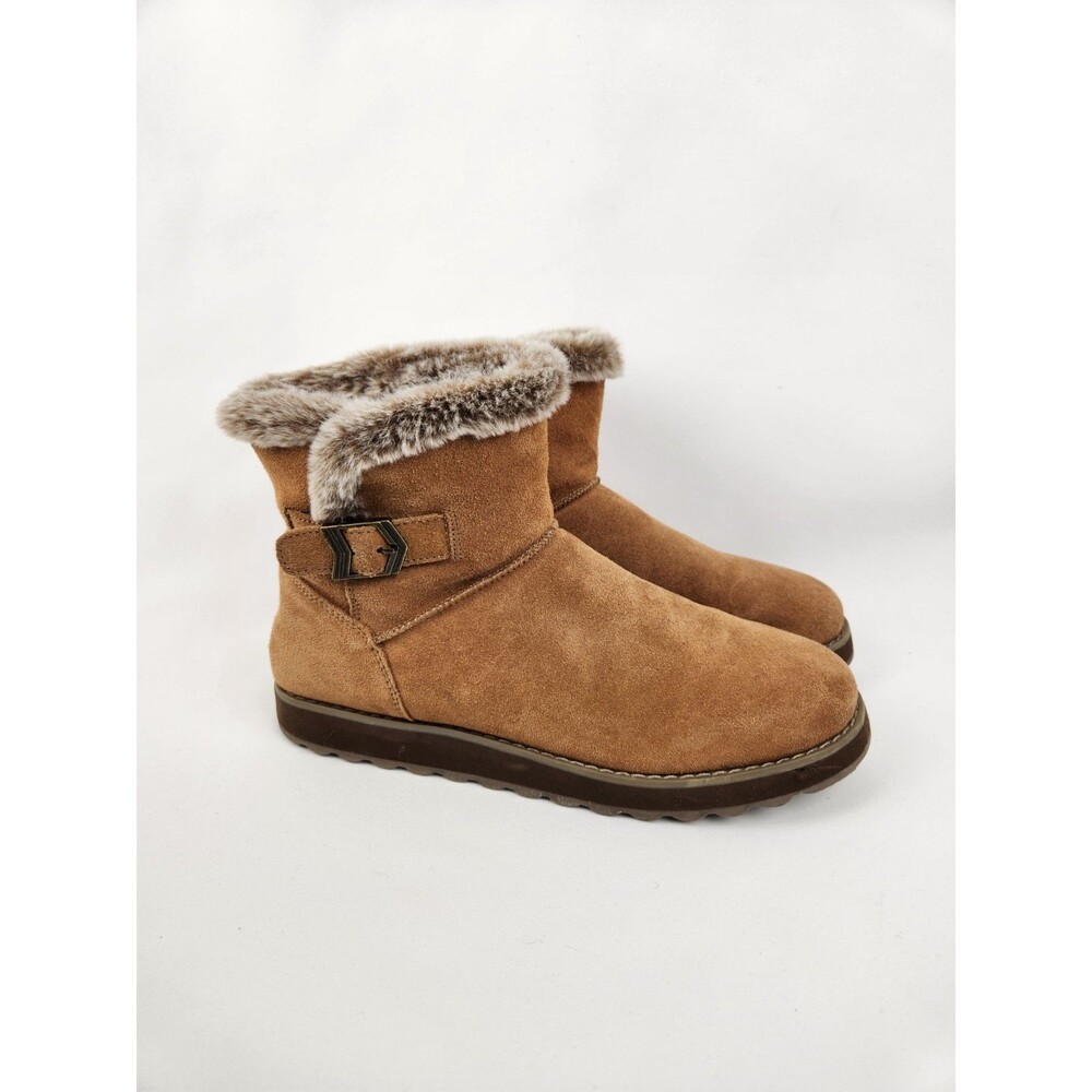 Skechers SZ 9 Keepsakes Broken Arrow Brown Suede Boot Bootie Faux Fur Lined Warm
